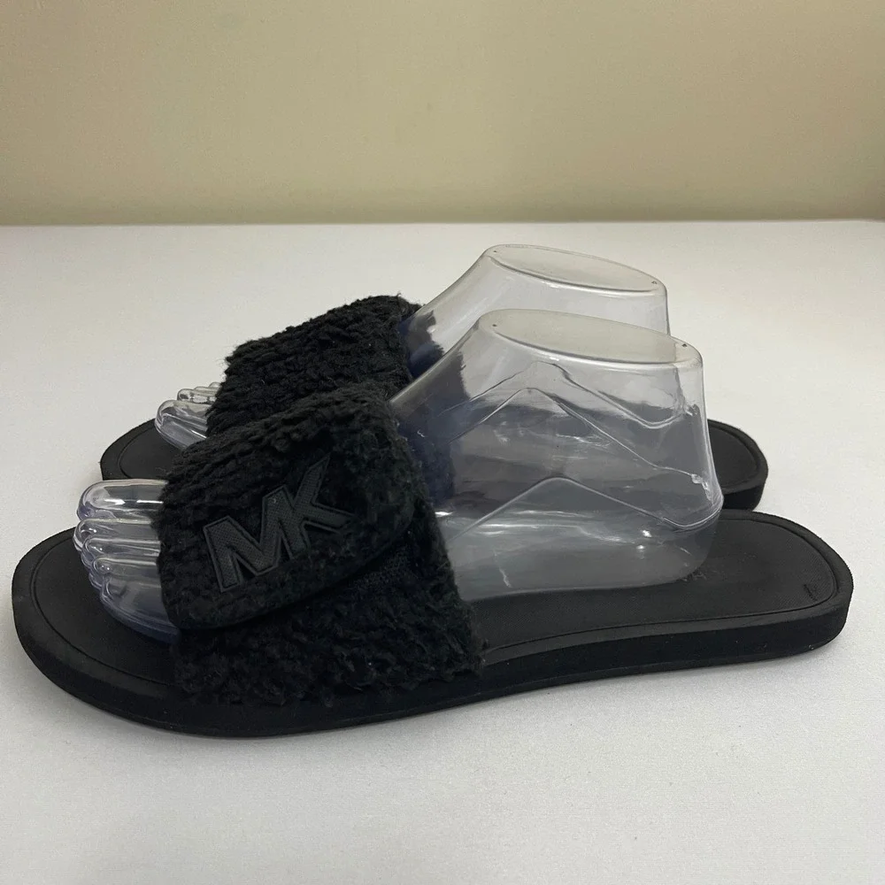 Michael Kors Black Fuzzy Faux Fur MK Logo Slides Sandals Slip On Adjustable READ